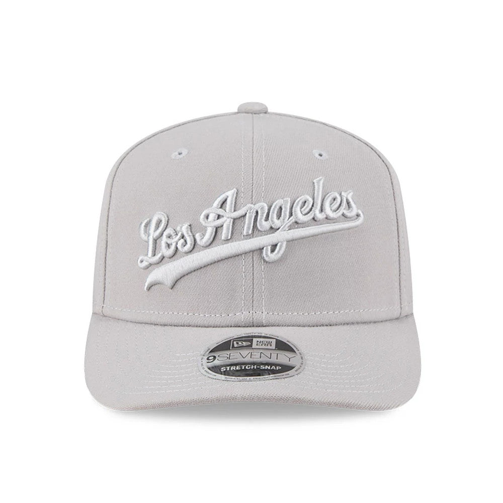 Pictured is this MLB Script LA Dodgers 9SEVENTY Stretch Snap cap in grey. 2