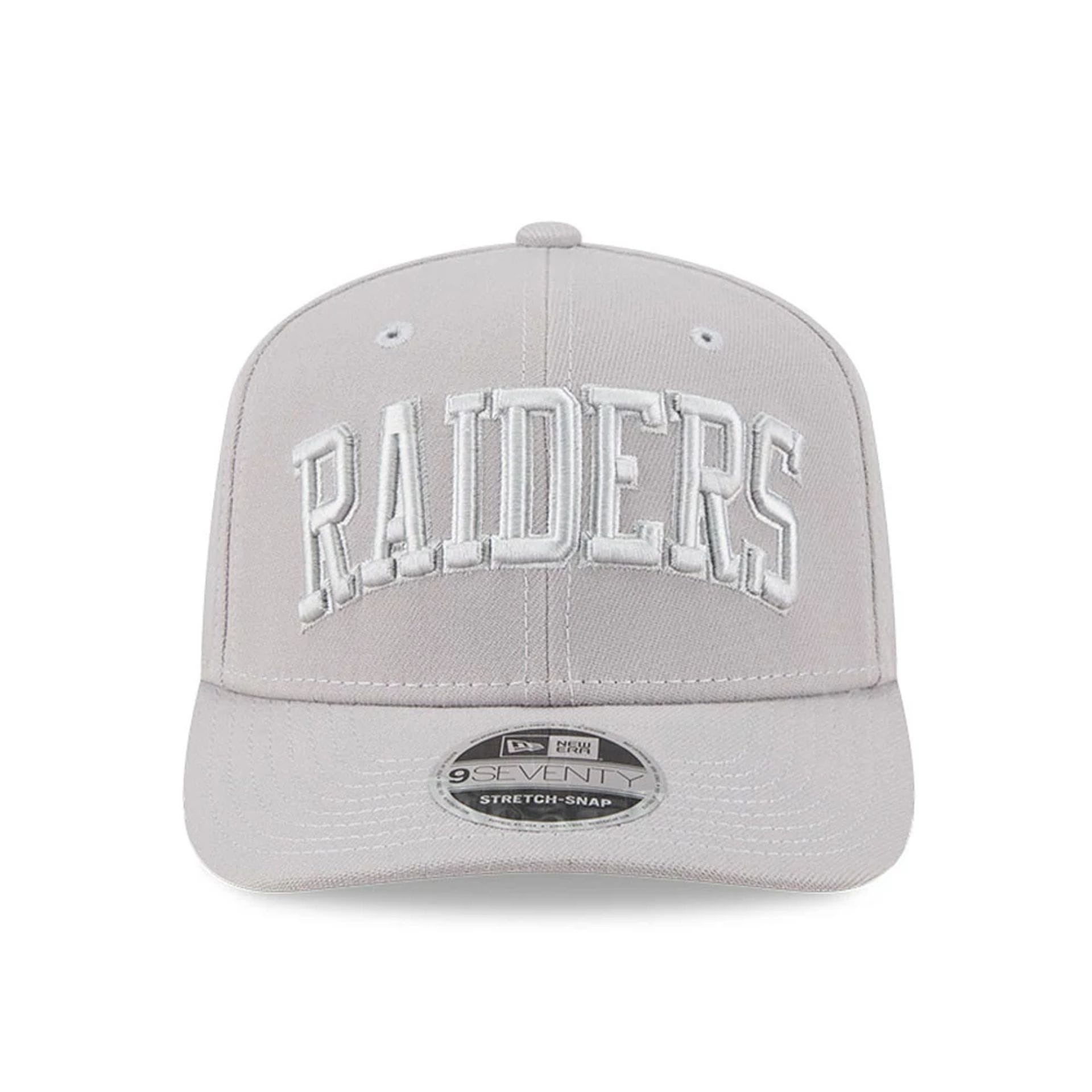 Pictured is this NFL Script Las Vegas Raiders 9SEVENTY Stretch Snap cap in grey. 2