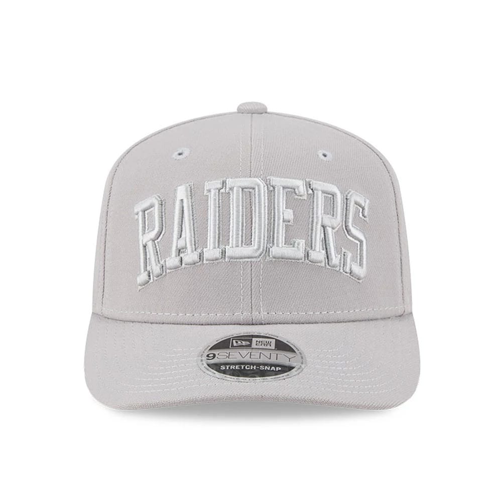 Pictured is this NFL Script Las Vegas Raiders 9SEVENTY Stretch Snap cap in grey. 2