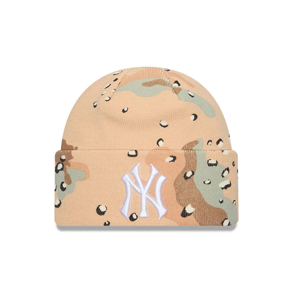 Pictured is this MLB Camo New York Yankees Cuff Knit Beanie cap in beige. 1