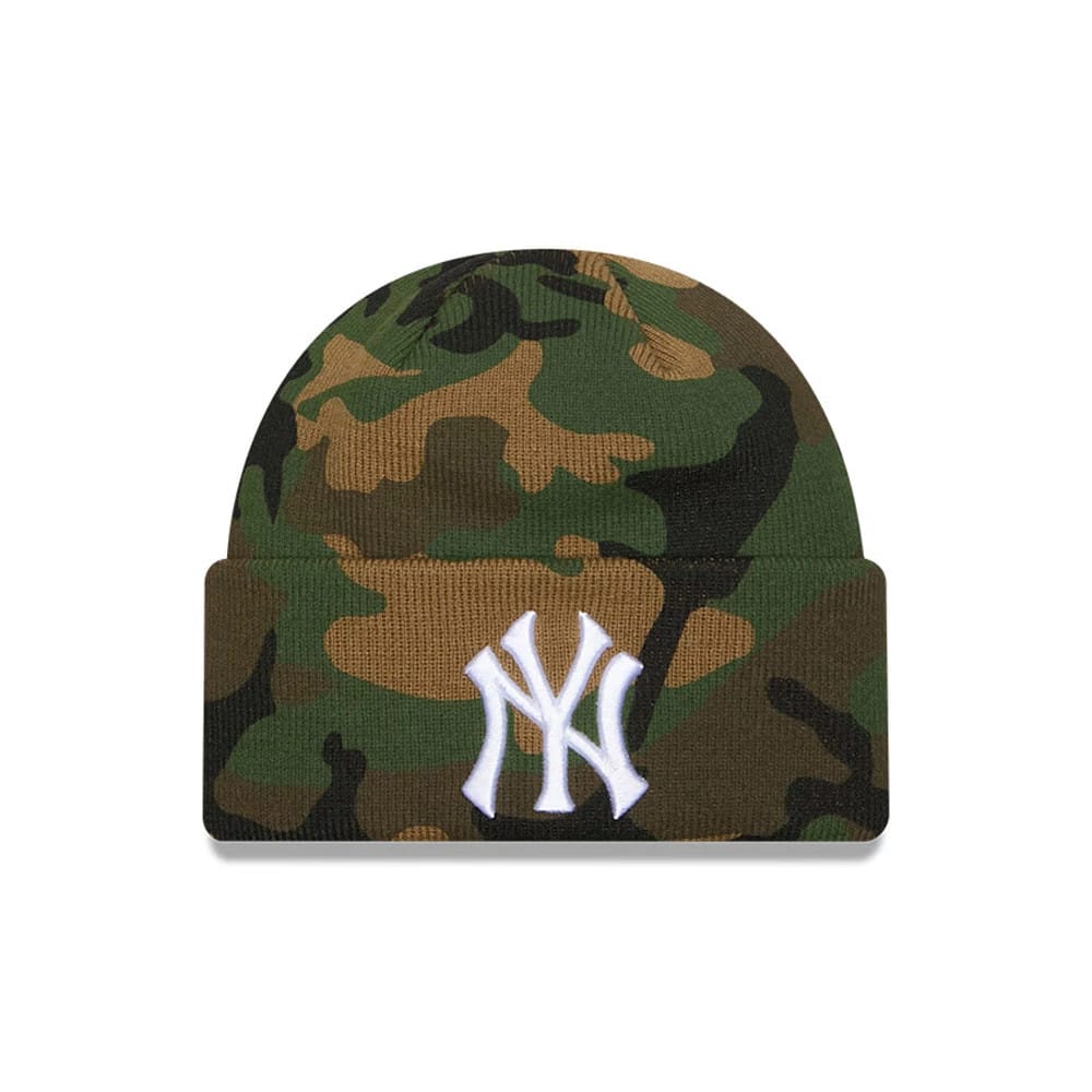 Pictured is this MLB Camo New York Yankees Cuff Knit Beanie cap in green. 1