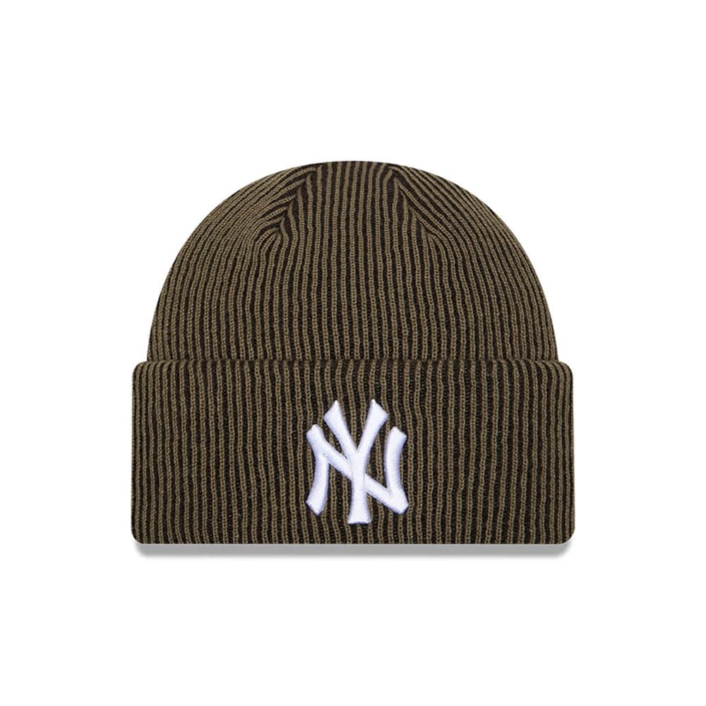 New Era New York Yankees MLB Rib Dark Green Cuff Knit Beanie Hat, front view showing the white embroidered NY logo on the folded cuff, with ribbed knit texture covering the rest of the dark green beanie.