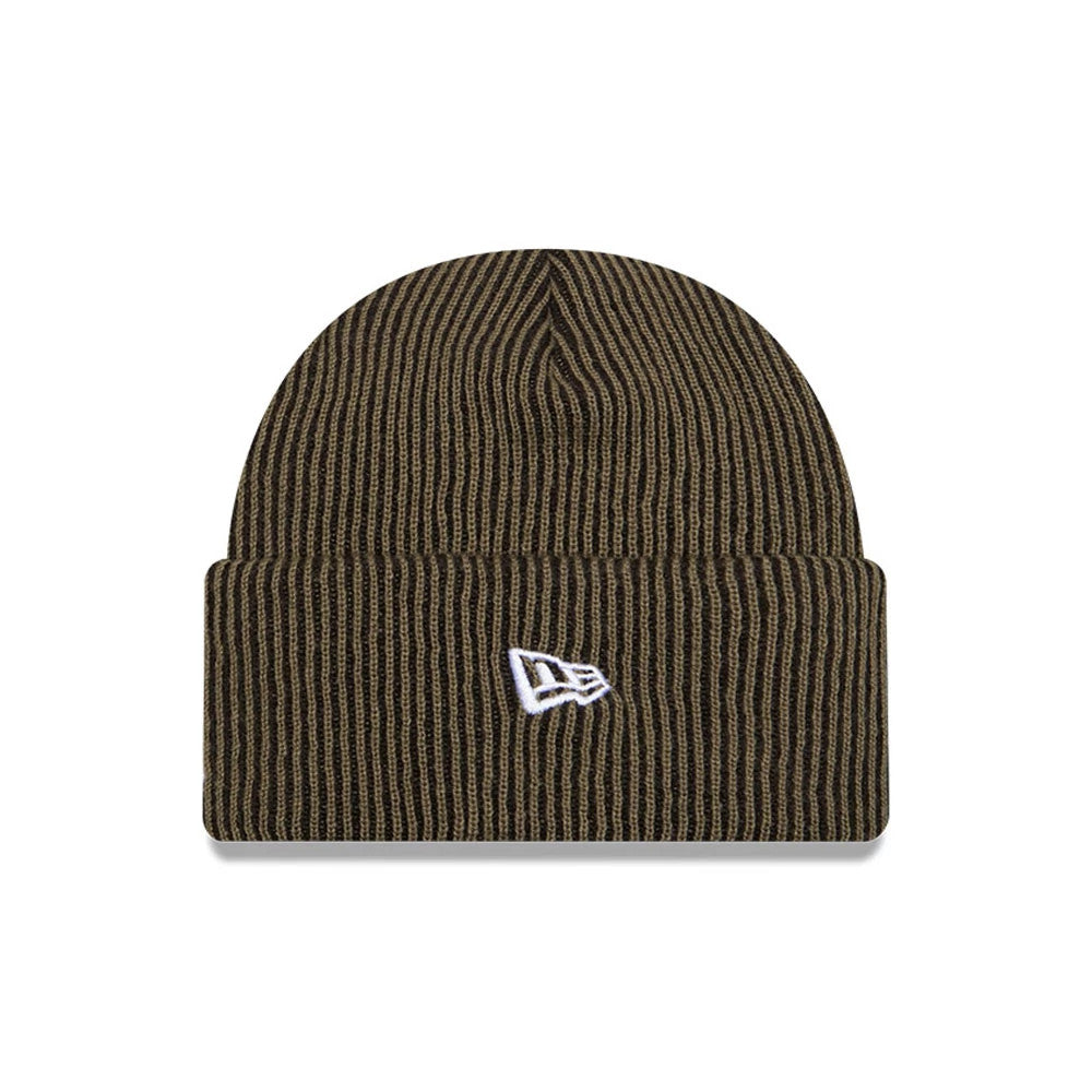 New Era New York Yankees MLB Rib Dark Green Cuff Knit Beanie Hat, front view showing the white embroidered New Era flag logo on the folded cuff, with a ribbed texture and a dark green and black striped pattern.