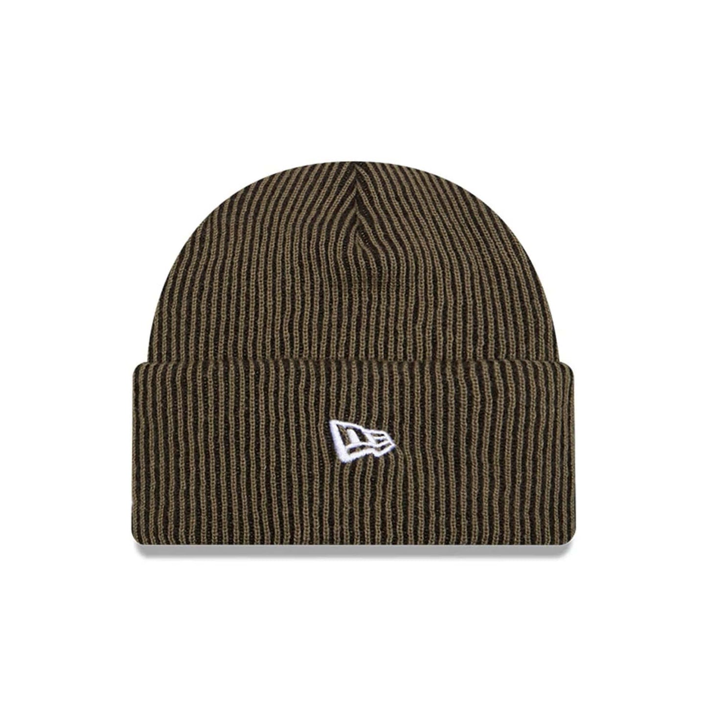 New Era New York Yankees MLB Rib Dark Green Cuff Knit Beanie Hat, front view showing the white embroidered New Era flag logo on the folded cuff, with a ribbed texture and a dark green and black striped pattern.
