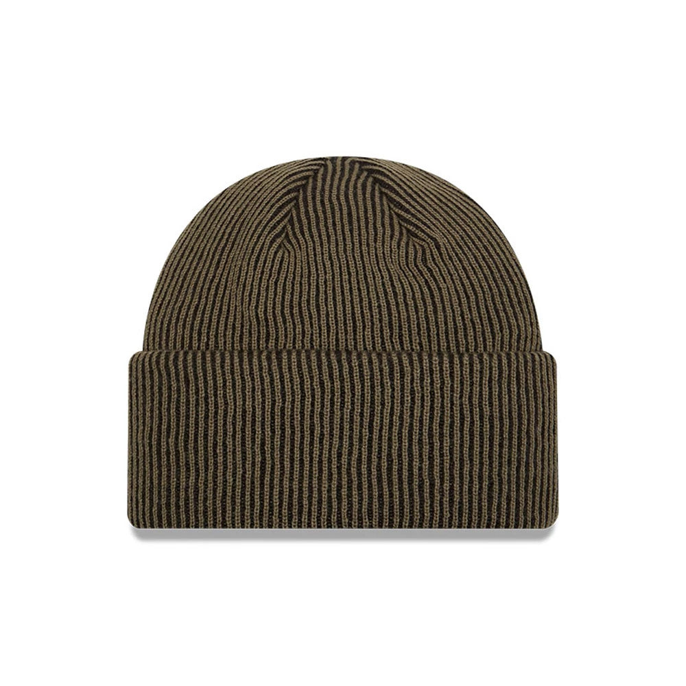 New Era New York Yankees MLB Rib Dark Green Cuff Knit Beanie Hat, front view showing ribbed texture with a folded cuff, designed in a deep dark green tone with a seamless finish on top.