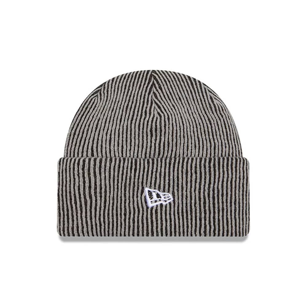 New Era New York Yankees MLB Rib Grey Cuff Knit Beanie Hat, front view showing white embroidered New Era flag logo on the folded cuff, featuring a grey and black ribbed pattern with a snug fit.