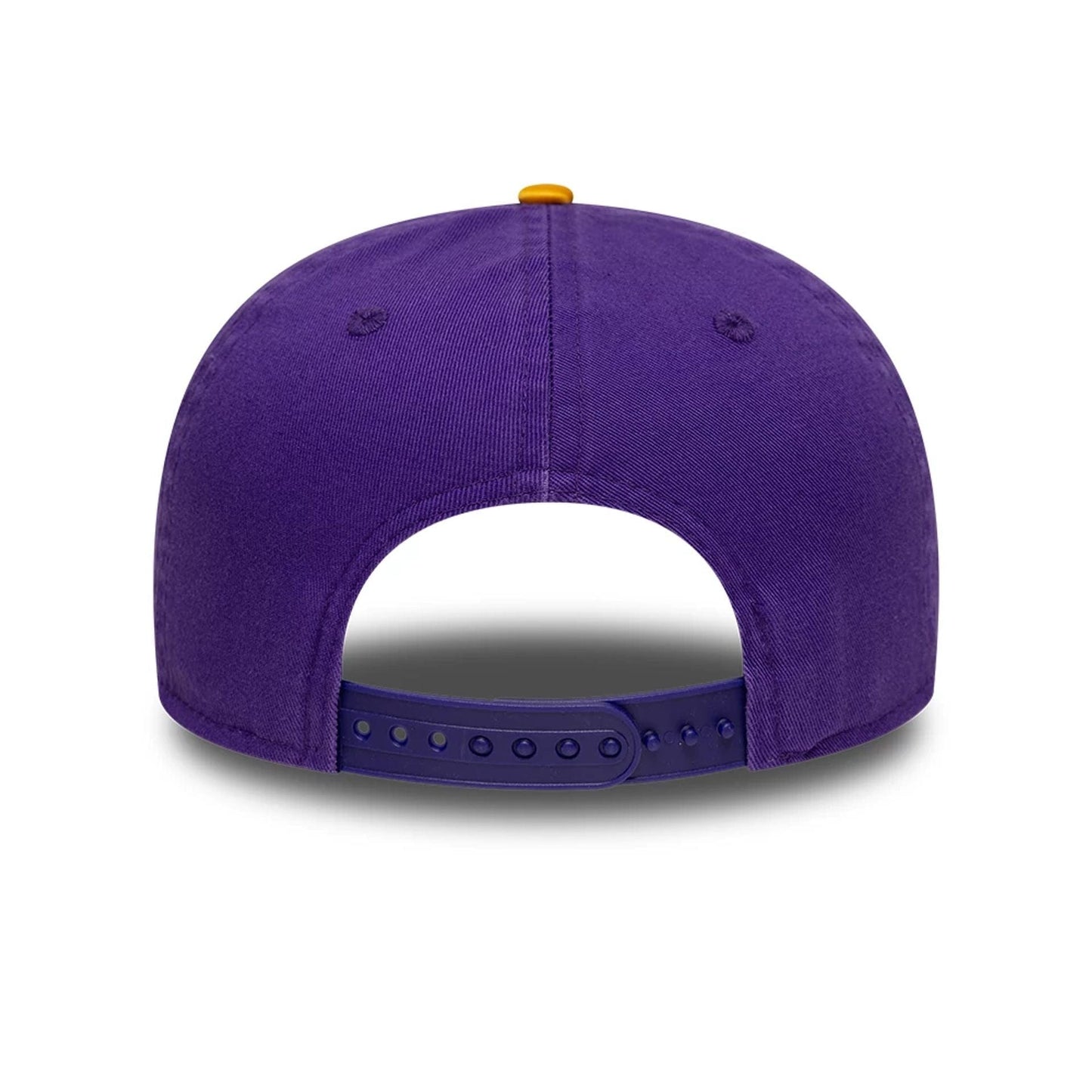 Minnesota Vikings NFL Historic Purple Retro Crown New Era 9FIFTY Adjustable Cap, rear view displaying an unstructured purple crown with a yellow top button and an adjustable purple plastic strap at the back.