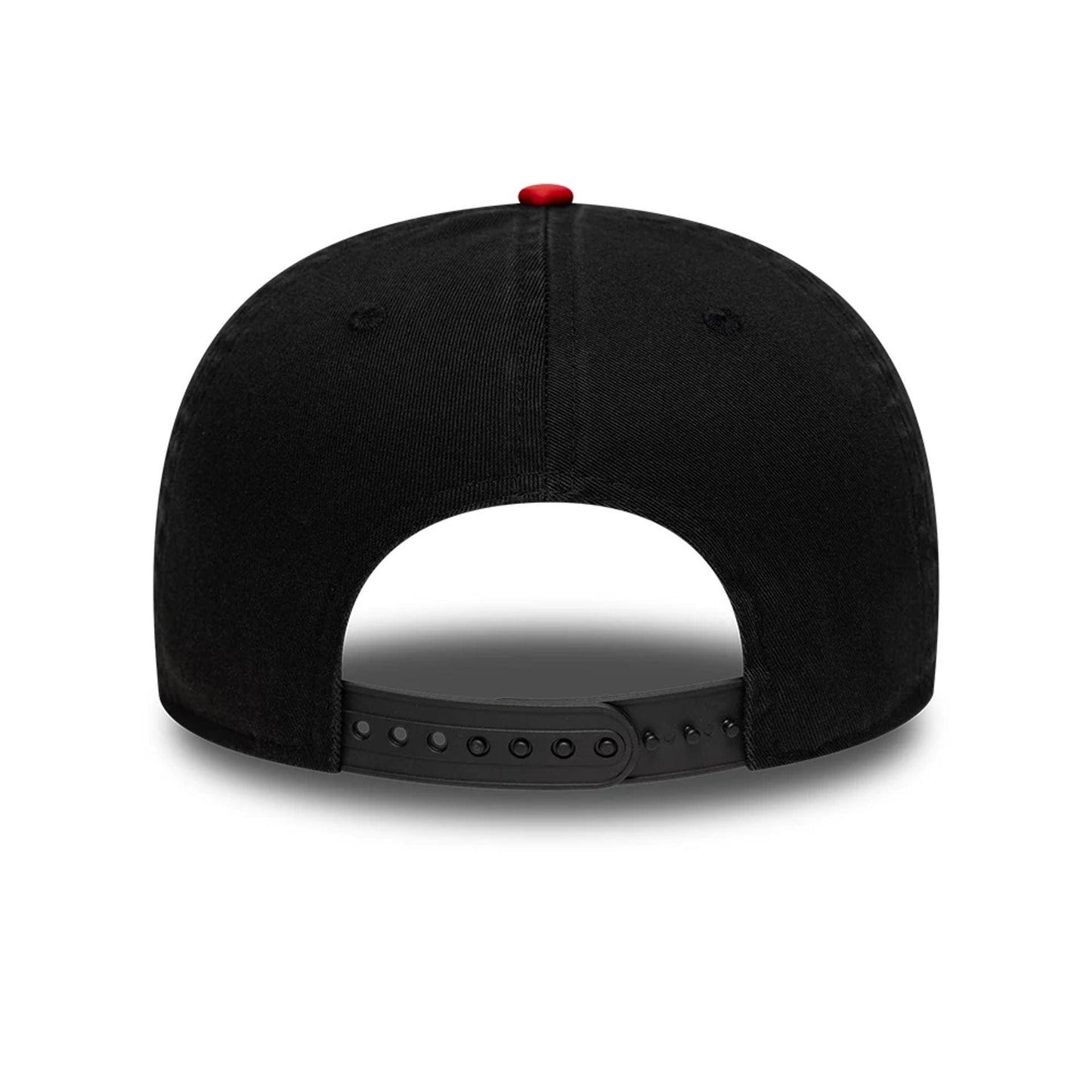 Atlanta Falcons NFL Historic Black Retro Crown New Era 9FIFTY Adjustable Cap, rear view showing a black snapback closure and a contrasting red top button, with a panelled black crown and stitching.