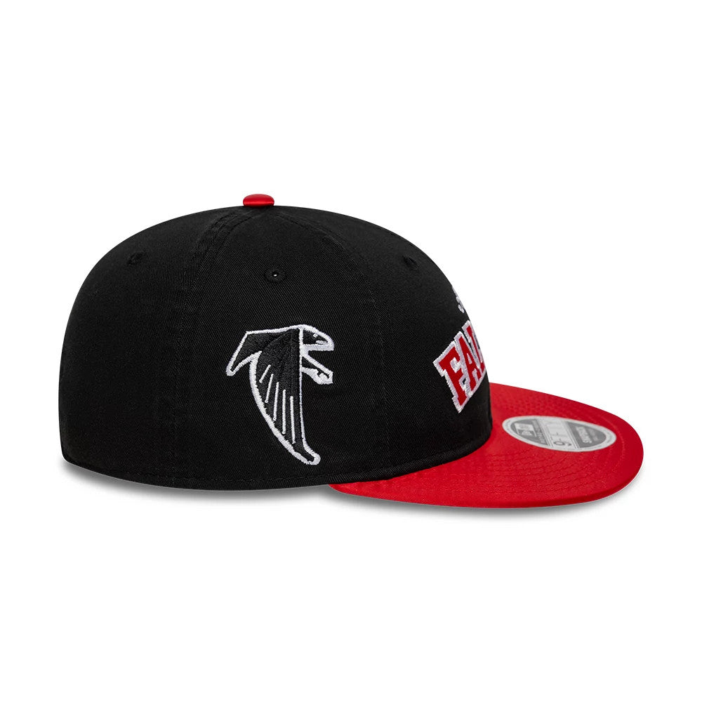 Atlanta Falcons NFL Historic Black Retro Crown New Era 9FIFTY Adjustable Cap, side view showing the grey embroidered falcon logo on the black crown and a red flat visor with a 9FIFTY size sticker on top.
