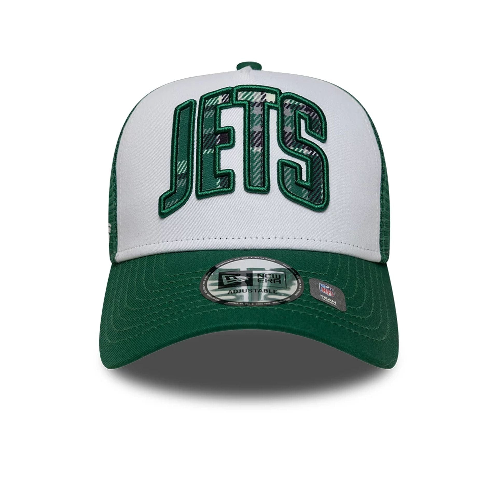 This is a New York Jets NFL International Series Games 2025 Green 9FORTY A-Frame Trucker Adjustable Cap 2