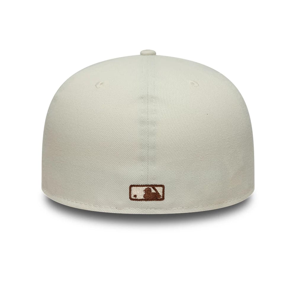 New York Yankees Animal Print Beige New Era 59FIFTY Fitted Cap, rear view showing the brown embroidered MLB Batterman logo at the centre of the back panels, on a clean beige structured crown.