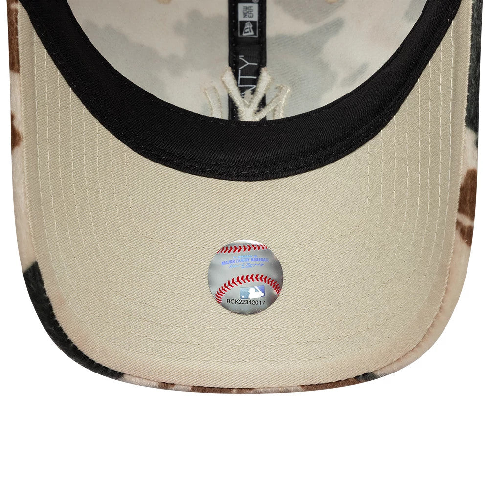 New York Yankees Animal Print Beige New Era 9TWENTY Adjustable Cap, inside view showing the black sweatband, beige undervisor with MLB holographic sticker, and New York Yankees logo on the taping.