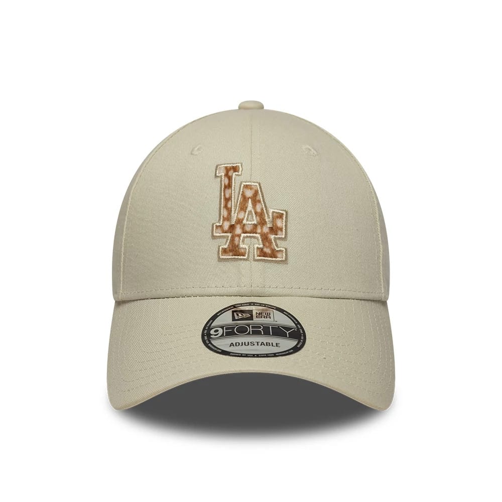 LA Dodgers Animal Print Cream New Era 9FORTY Adjustable Cap, front view showing a cream animal-print embroidered LA logo on the structured crown, with a curved visor and a 9FORTY size sticker on top.