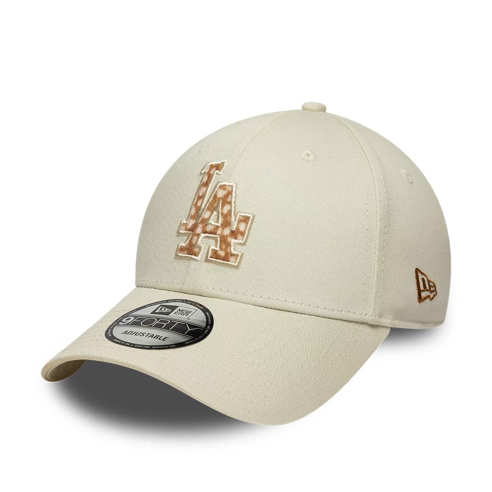 LA Dodgers Animal Print Cream New Era 9FORTY Adjustable Cap, three-quarter view showing the brown animal print LA logo in raised embroidery on the front panel, with a 9FORTY size sticker on the curved cream visor.