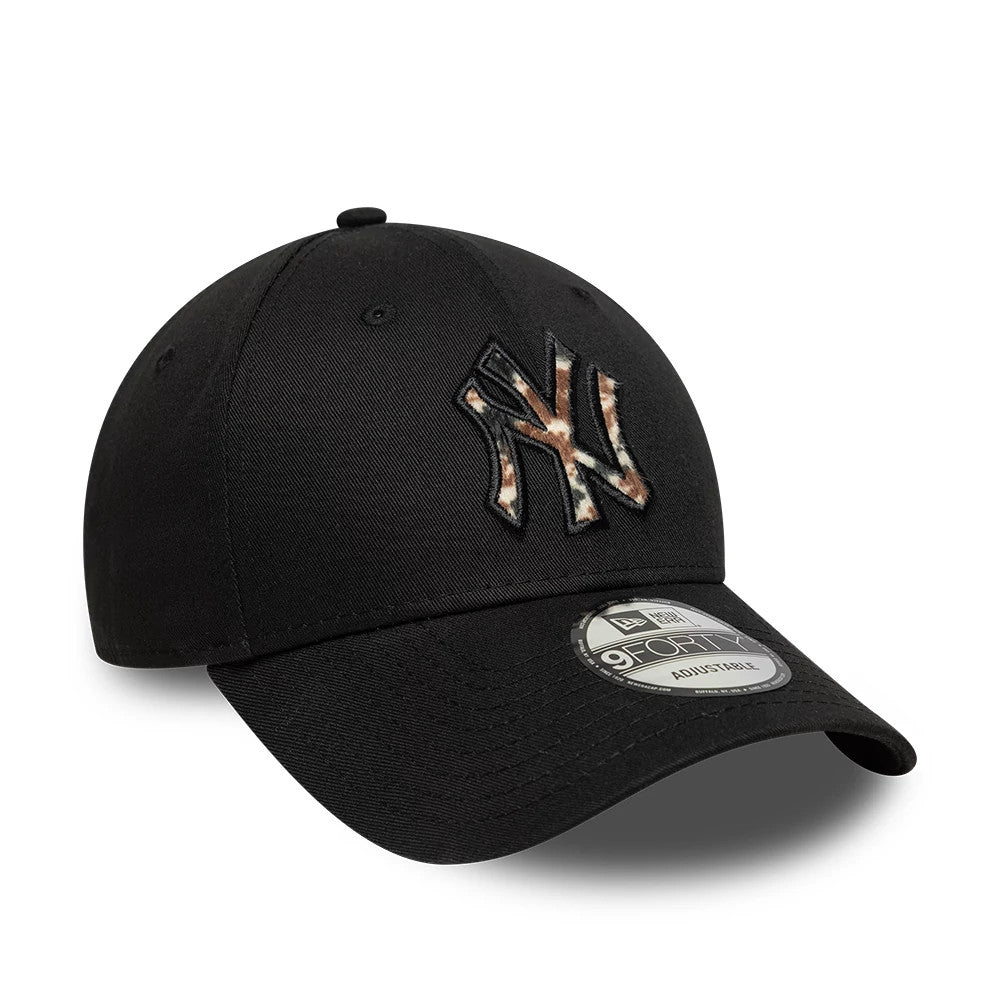 New York Yankees Animal Print Black New Era 9FORTY Adjustable Cap, three-quarter view showing the raised NY logo with an animal print on the front panel, curved black visor, and 9FORTY size sticker on top.