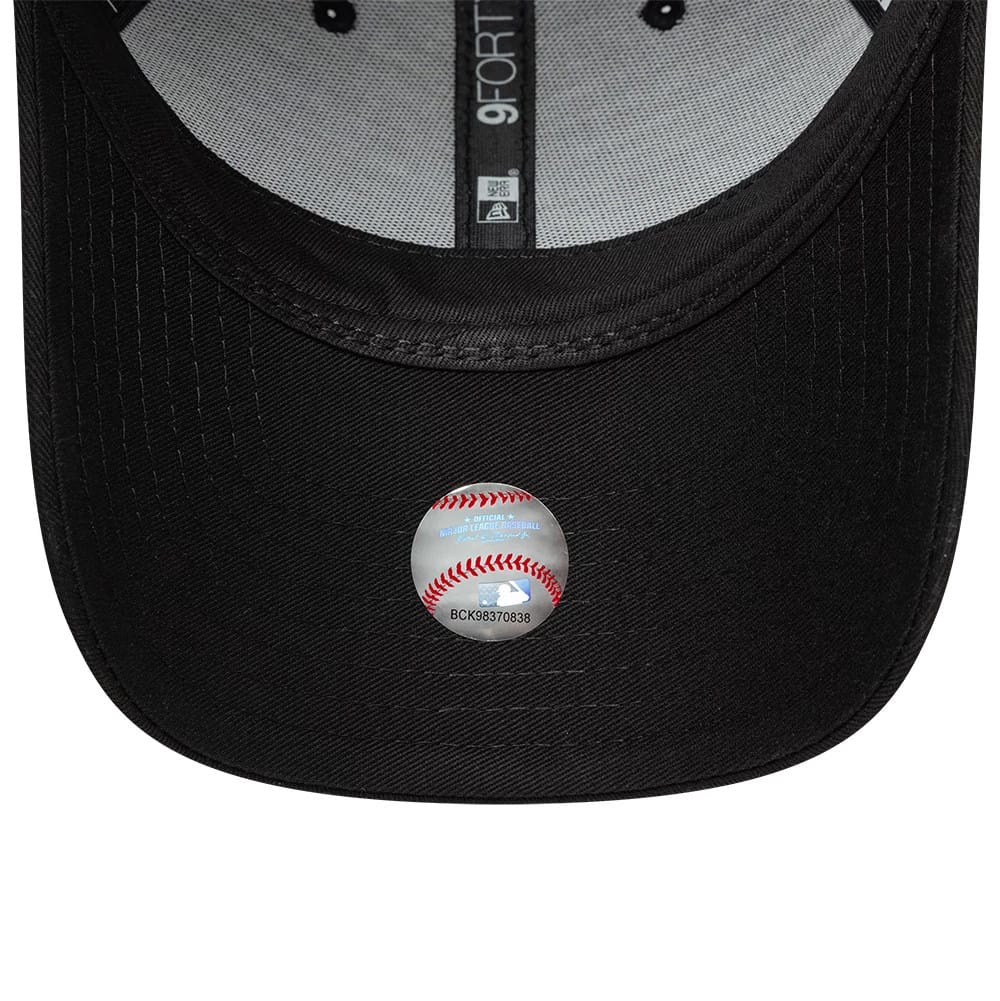 Atlanta Braves Animal Print Black New Era 9FORTY Adjustable Cap, inside view showing the black sweatband, grey taping with 9FORTY branding, and a round baseball graphic sticker on the black undervisor.