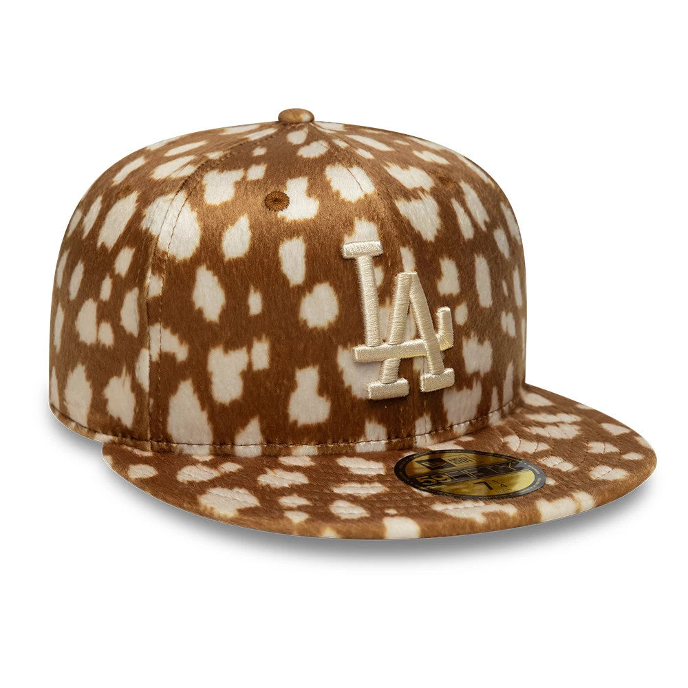 LA Dodgers Animal Print Dark Beige New Era 59FIFTY Fitted Cap, three-quarter view showing the white raised embroidered LA logo on the front panel with a matching dark beige visor, and a gold 59FIFTY size sticker.