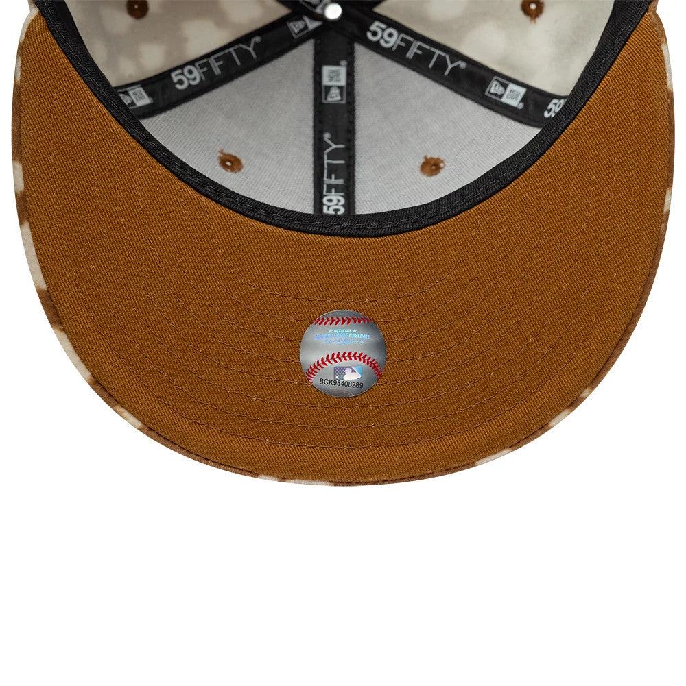 LA Dodgers Animal Print Dark Beige New Era 59FIFTY Fitted Cap, inside view showing the dark brown undervisor, black taping with white 59FIFTY branding, and a baseball graphic sticker centred under the visor.