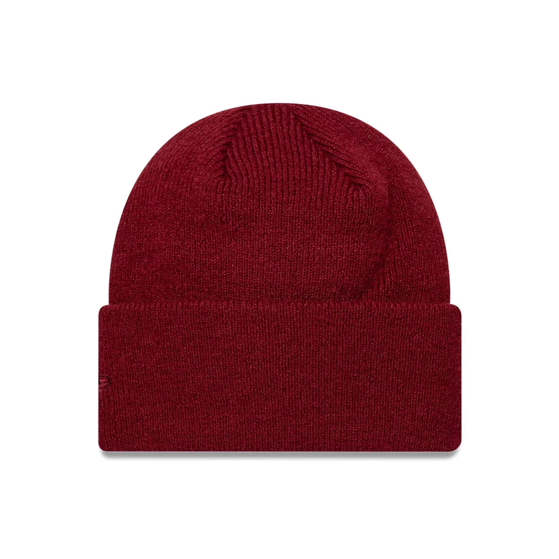 Pictured is this New Era Borg Cuff knit Beanie hat in dark red. 2
