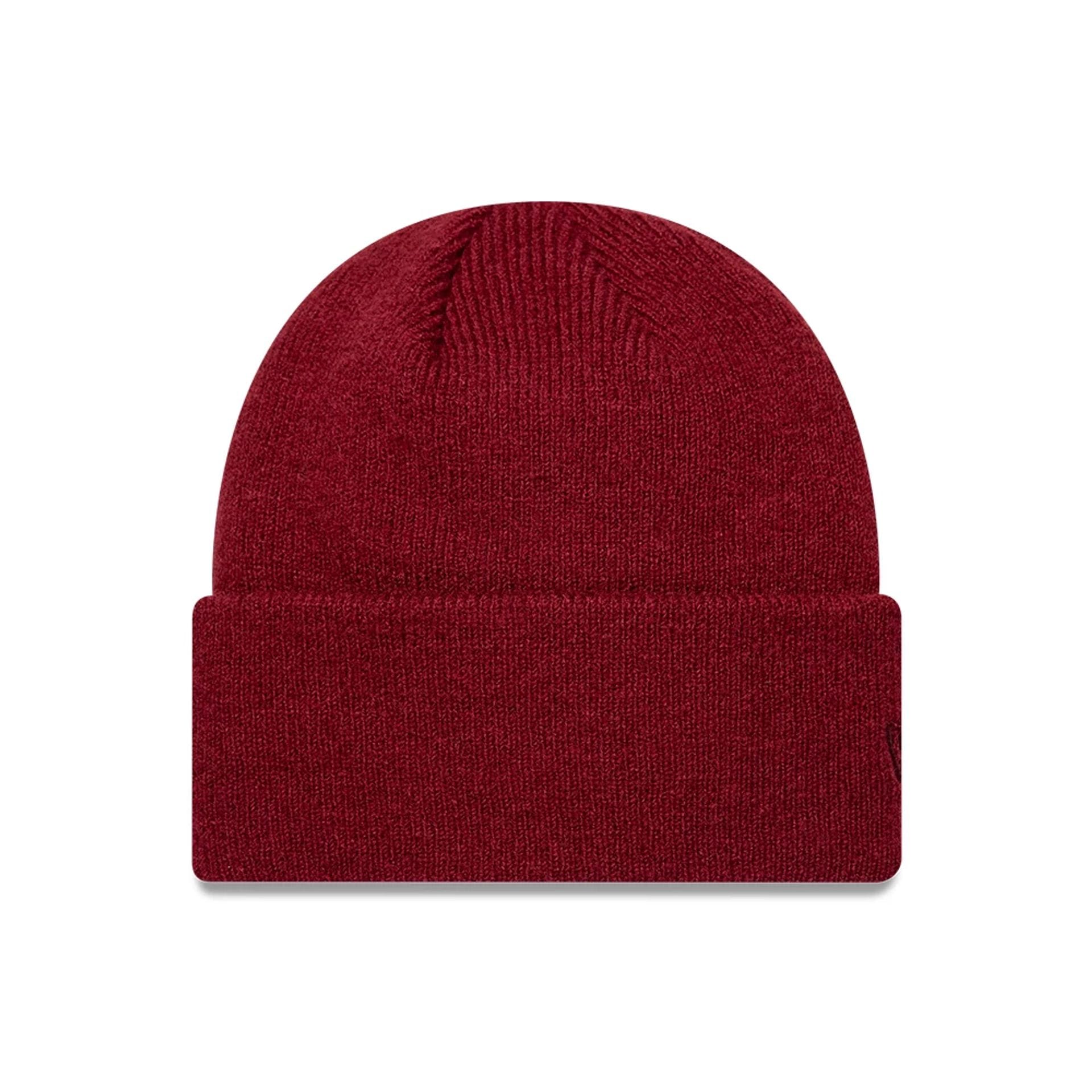Pictured is this New Era Borg Cuff knit Beanie hat in dark red. 1