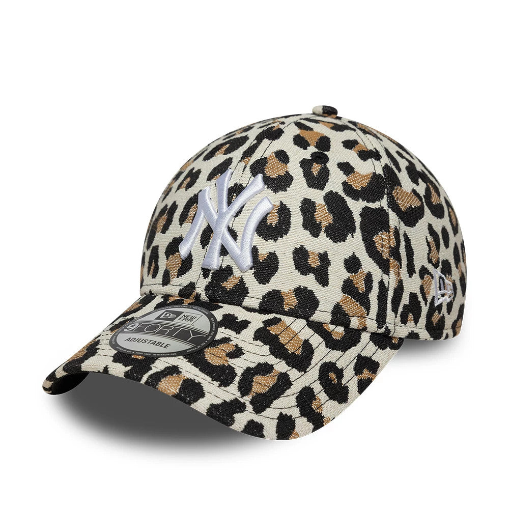 New York Yankees MLB Leopard Black New Era 9FORTY Adjustable Cap, three-quarter view showing the raised white embroidered NY logo on a leopard print crown and visor, with a 9FORTY size sticker on the curved visor.