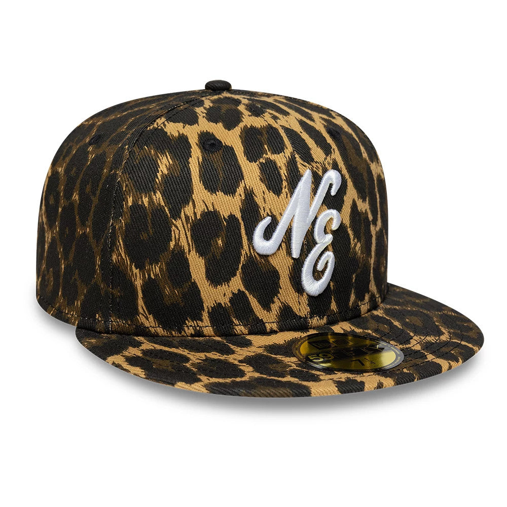 New Era Leopard Black 59FIFTY Fitted Cap, three-quarter view showing the raised white embroidered NE initials on the front panel against a black and brown leopard pattern, with the black flat visor and gold 59FIFTY size sticker.