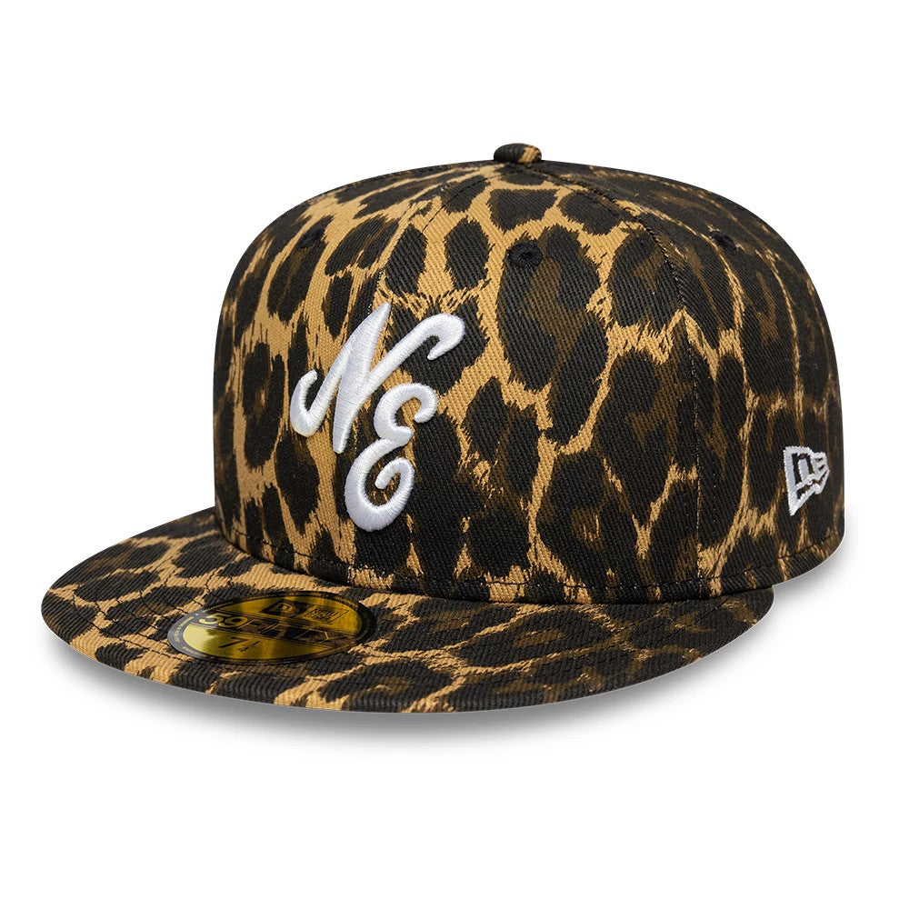 New Era Leopard Black 59FIFTY Fitted Cap, three-quarter view showing the raised white NE embroidered logo on the front panel, with a leopard print design throughout and a gold 59FIFTY size sticker on the flat black visor.
