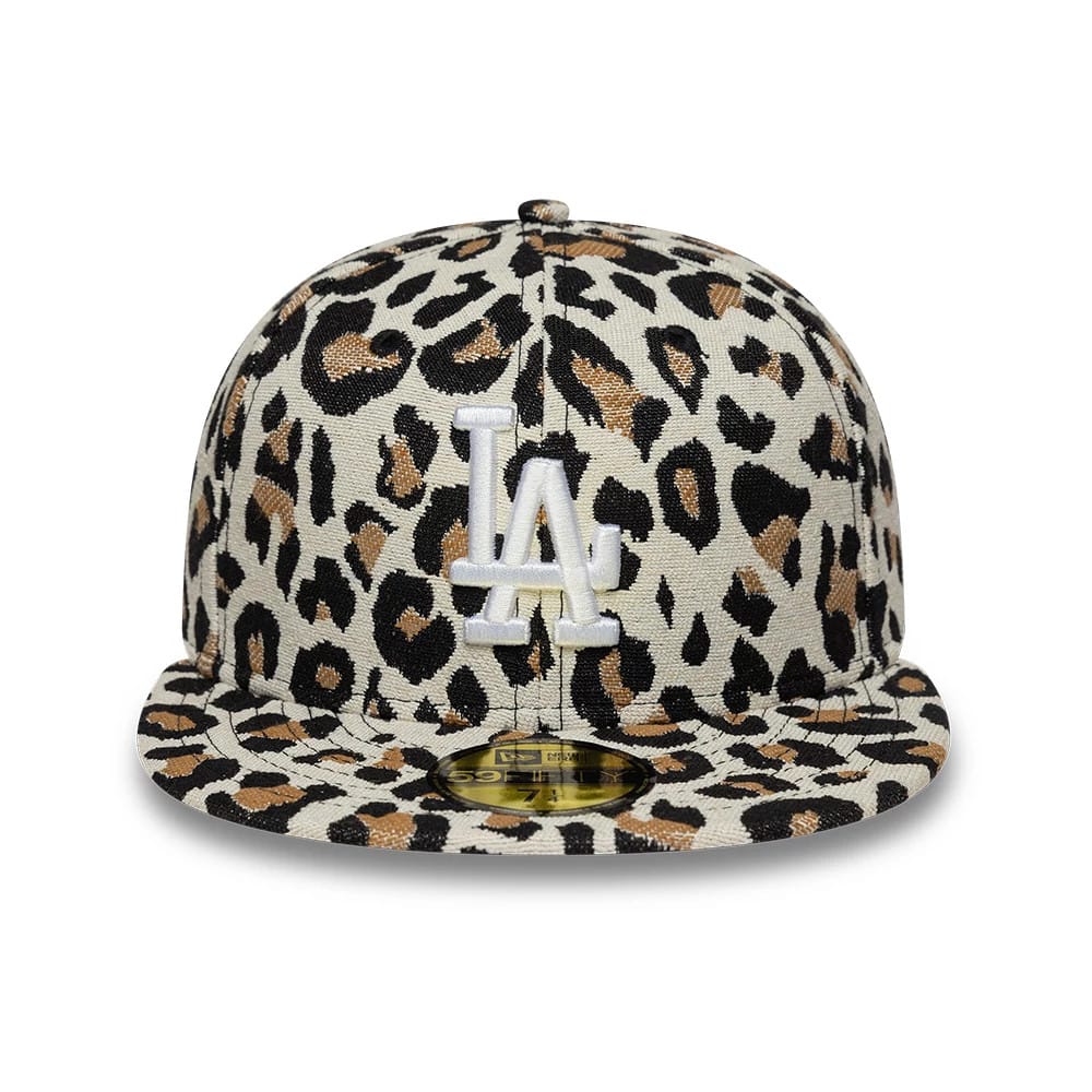 LA Dodgers MLB Leopard Black New Era 59FIFTY Fitted Cap, front view showing the white embroidered LA logo on the leopard print front panel and a gold 59FIFTY size sticker on the flat black visor.