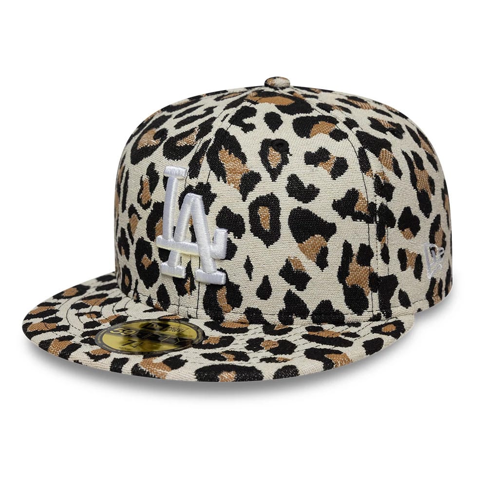 LA Dodgers MLB Leopard Black New Era 59FIFTY Fitted Cap, three-quarter view showing the white raised embroidered LA logo on the front panel, leopard print pattern across the structured crown and flat visor.