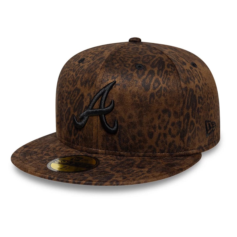 Atlanta Braves MLB Leopard Black New Era 59FIFTY Fitted Cap, three-quarter view showing the black embroidered A logo on the front panel, leopard print pattern throughout, and gold 59FIFTY size sticker on the flat visor.