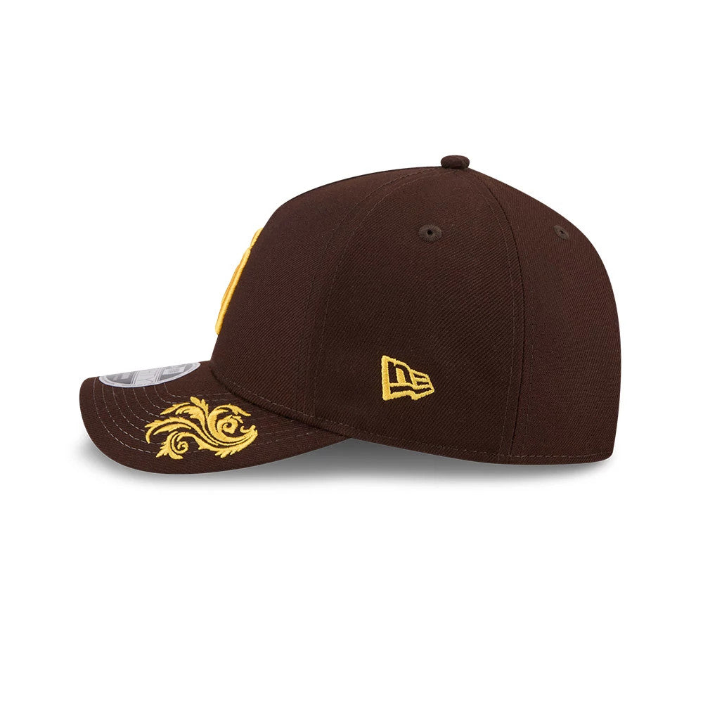 Pictured is this MLB Script San Diego Padres 9FORTY M-Crown A-Frame Adjustable cap in dark brown. 7