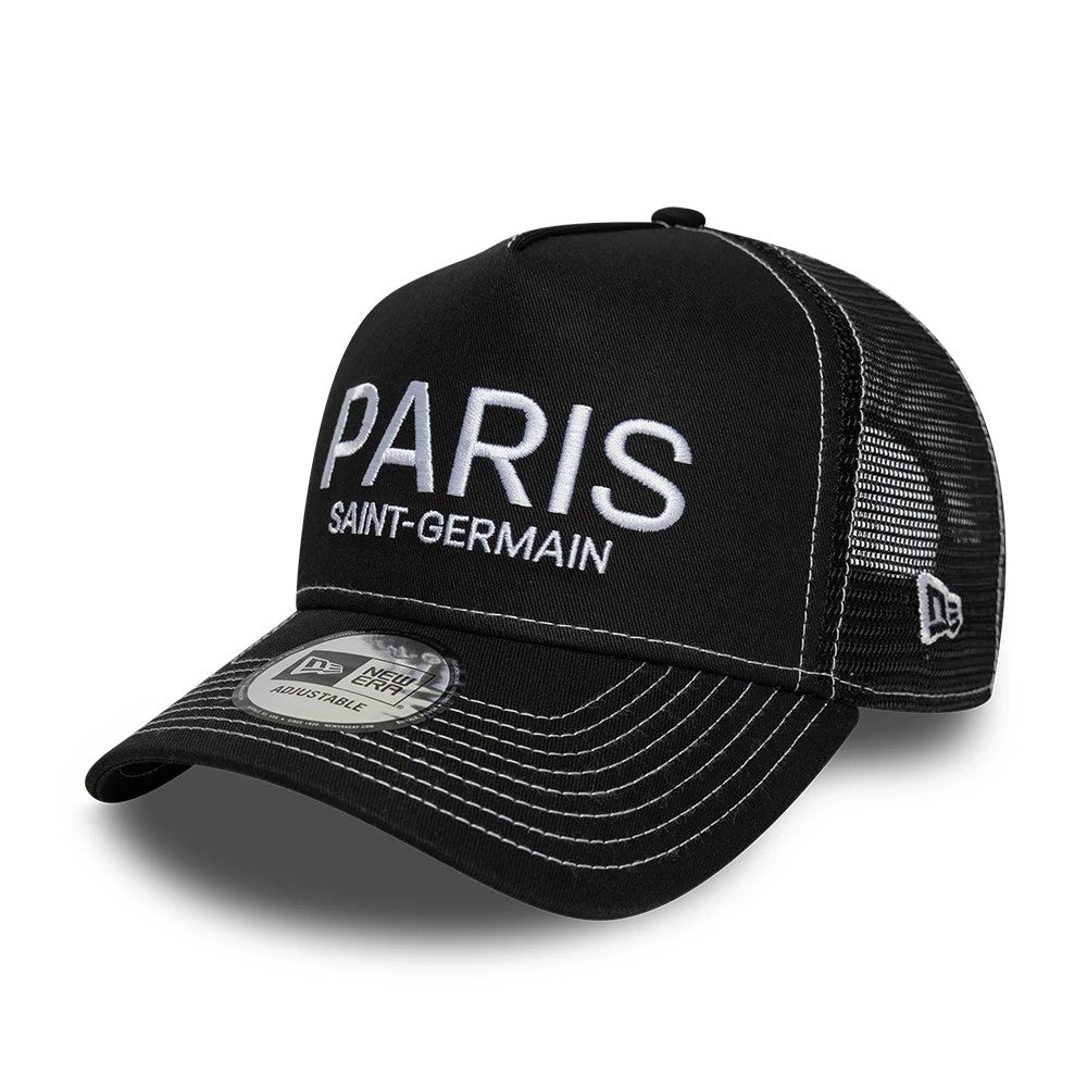 Paris Saint-Germain Black New Era 9FORTY E-Frame Trucker Adjustable Cap, three-quarter view showing raised white embroidered Paris Saint-Germain lettering on the front panel, curved black visor with white stitching.