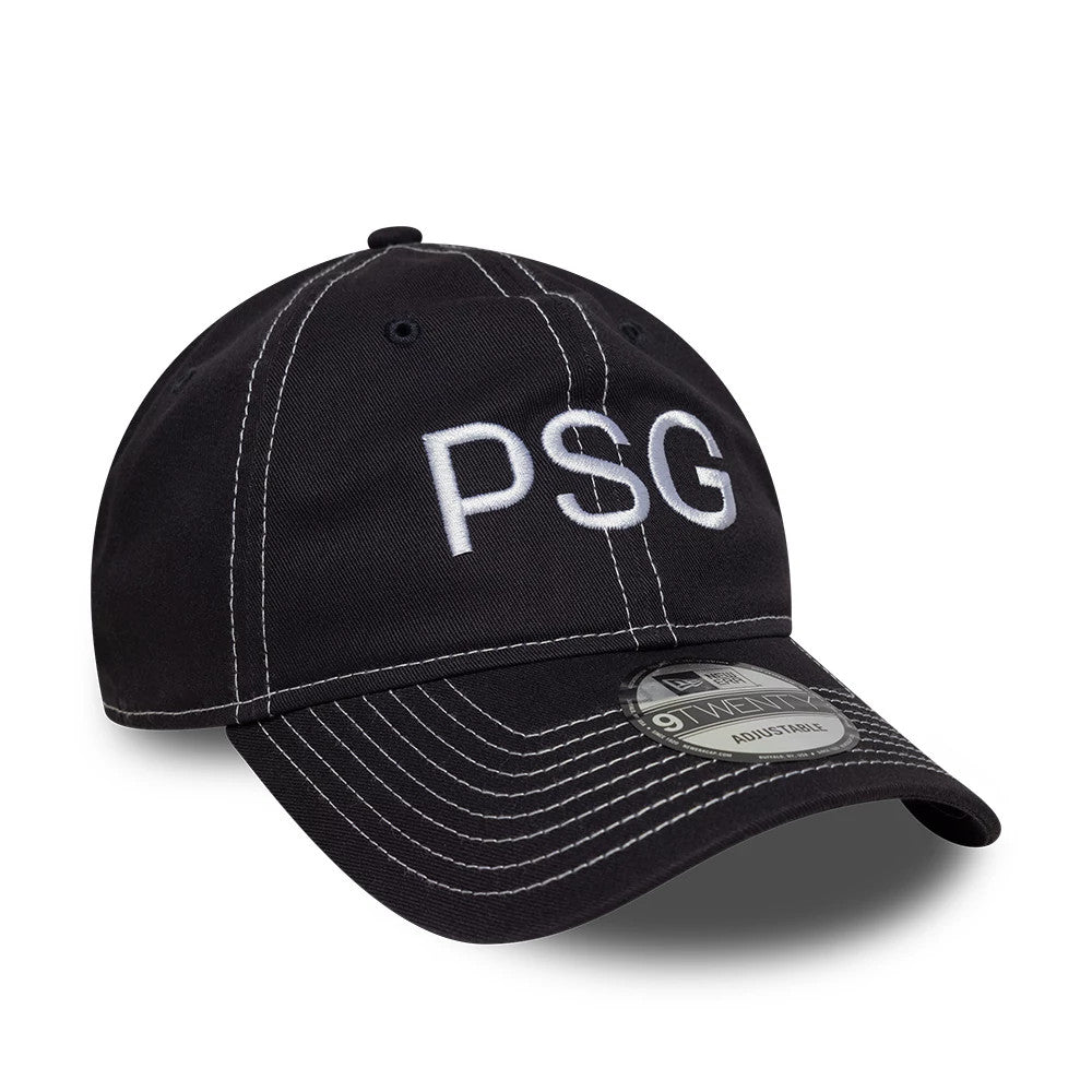 Paris Saint-Germain Pop Stitch Navy New Era 9TWENTY Adjustable Cap, front view with raised white PSG embroidery on the centre of the navy crown, featuring prominent white stitching and a 9TWENTY size sticker on the curved visor.