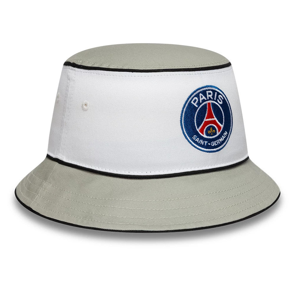 New Era Paris Saint-Germain Retro Grey Bucket Hat, front view showing the embroidered PSG club crest on a white band, with grey top and visor, and contrasting black trim along the edges of the crown and visor.