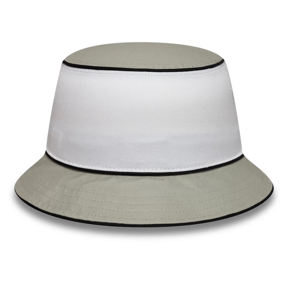 New Era Paris Saint-Germain Retro Grey Bucket Hat, front view showing a white band encircling the mid-section with black piping along the top and bottom edges, paired with a grey crown and visor.