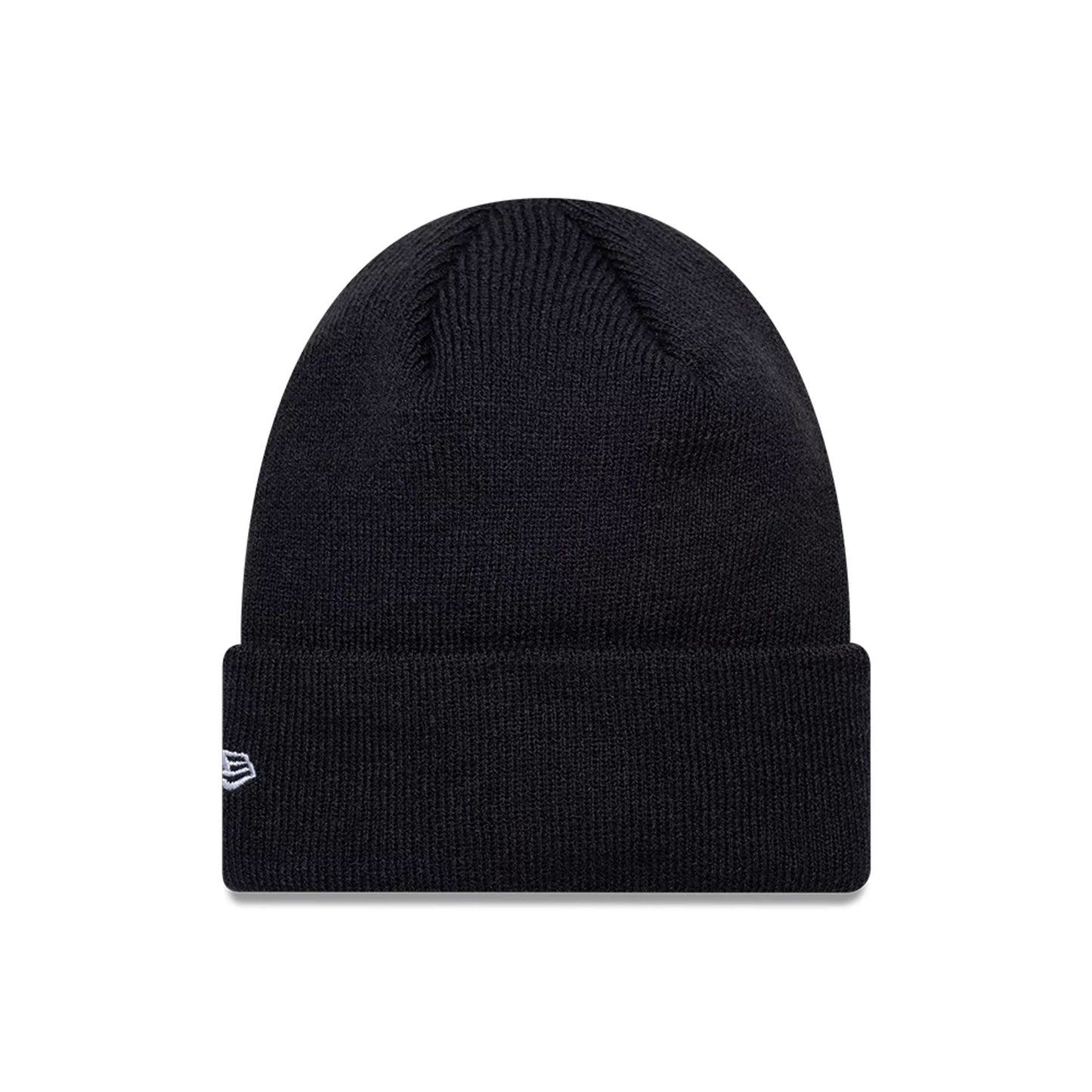 New Era FC Barcelona Youth Core Navy Cuff knit Beanie Hat, front view showing the New Era flag logo embroidered in white on the left side of the navy cuff, with a ribbed knitted texture on the crown.