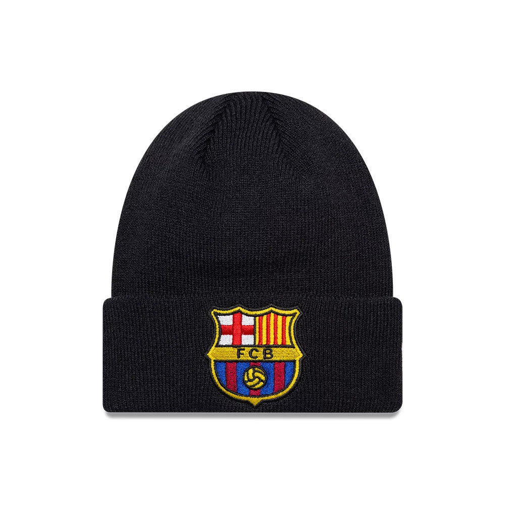 New Era FC Barcelona Youth Core Navy Cuff knit Beanie Hat, front view showing the FC Barcelona crest embroidered on the cuff, with a dark navy ribbed texture that adds warmth and style.