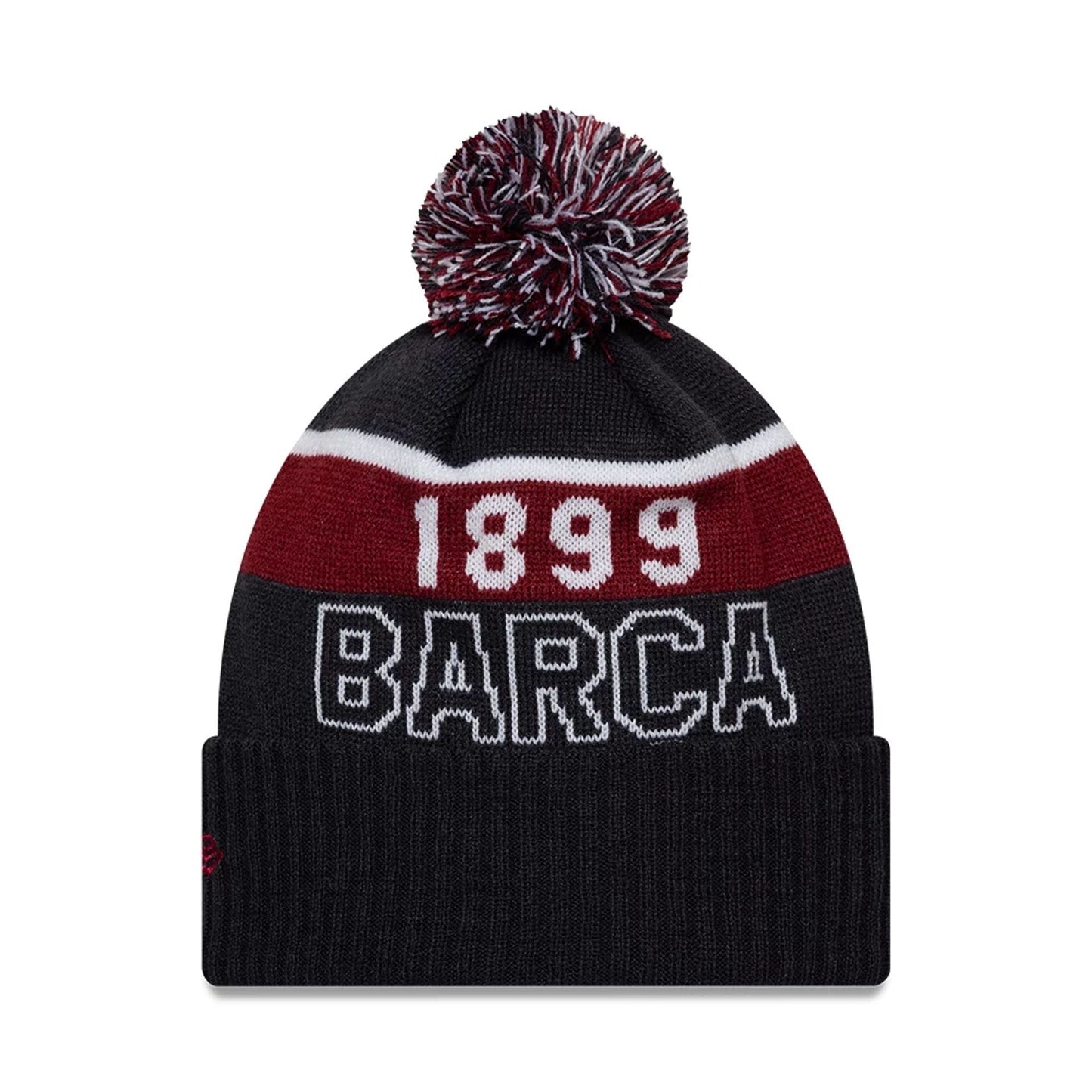 New Era FC Barcelona Core Navy Sport knit Beanie Hat, front view showing the 1899 text in white on a red and white stripe above a large BARCA lettering in white on the navy cuff, topped with a multicoloured pom-pom.