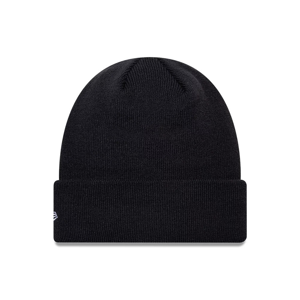 New Era FC Barcelona Core Navy Cuff knit Beanie Hat, front view showing a simple navy knit design with a structured cuff and a small New Era flag logo embroidered on the left side of the cuff.