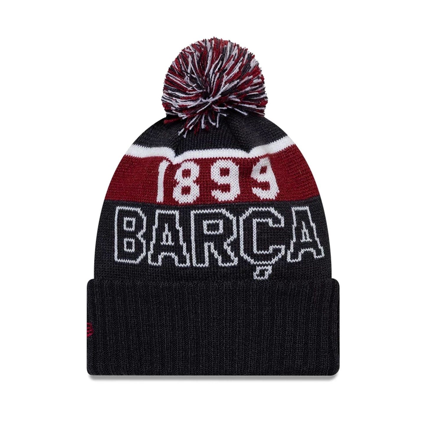 New Era FC Barcelona Youth Core Navy Sport knit Beanie Hat, front view showing large white '1899' and 'BARÇA' lettering on the front panel, with a red, white, and navy pom-pom on top and New Era flag logo on the cuff.