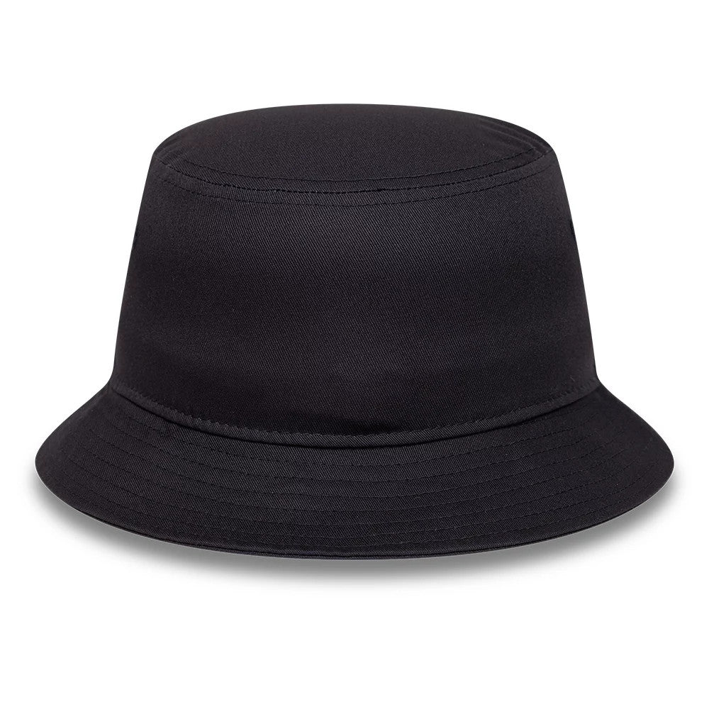 FC Barcelona Core Navy New Era Bucket Hat, front view showing a plain navy crown with stitching details and a downward-sloping visor, providing a clean and classic look.