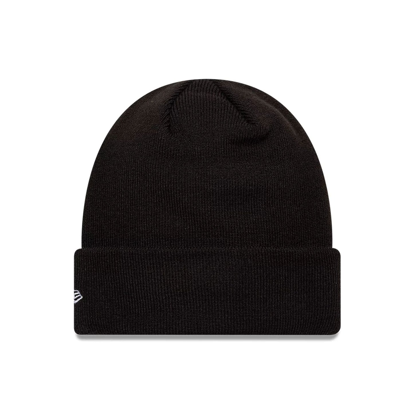 New Era FC Barcelona Core Black Cuff knit Beanie Hat, front view showing the plain black knit with a folded cuff, featuring the white embroidered New Era flag logo on the left side.