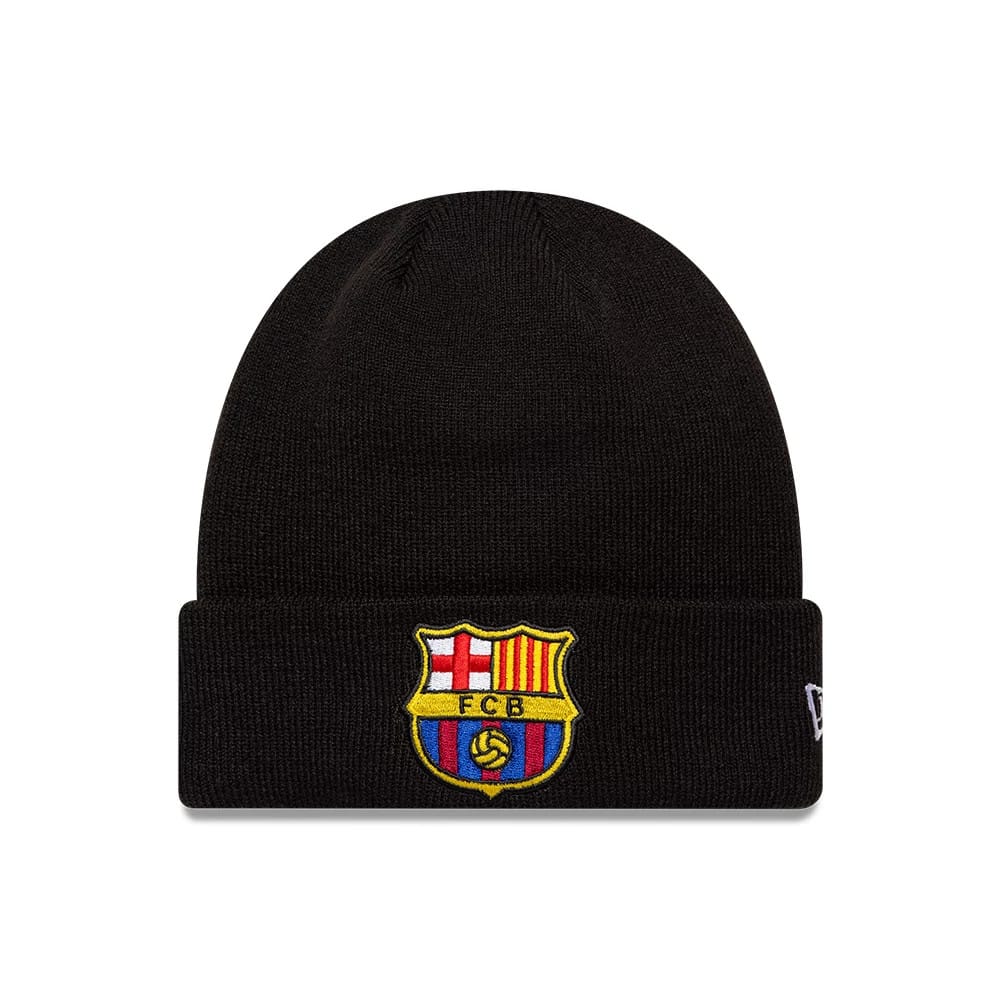 New Era FC Barcelona Core Black Cuff knit Beanie Hat, front view showing the embroidered FC Barcelona club crest on the cuff, with the New Era flag logo on the left side of the black knitted crown.