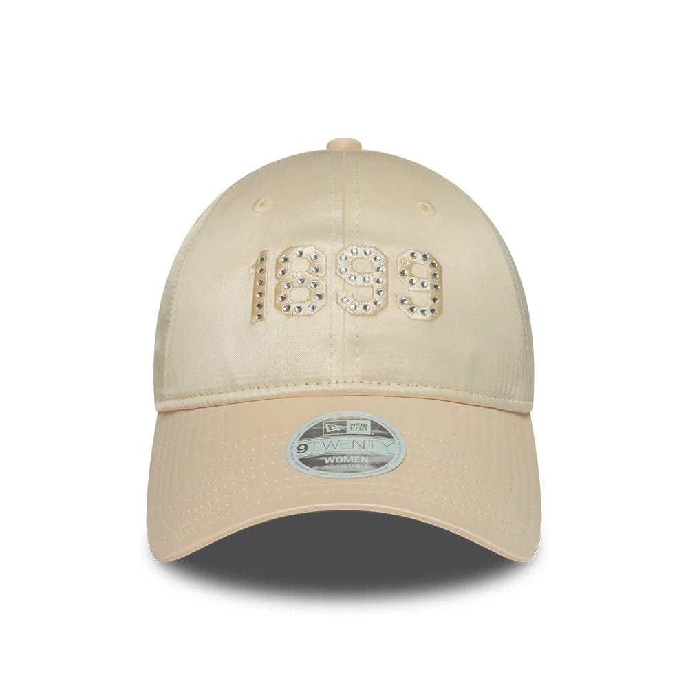FC Barcelona Womens Rhinestone Light Beige New Era 9TWENTY Adjustable Cap, front view showing the rhinestone 1899 design on the structured crown with matching beige curved visor and 9TWENTY size sticker.