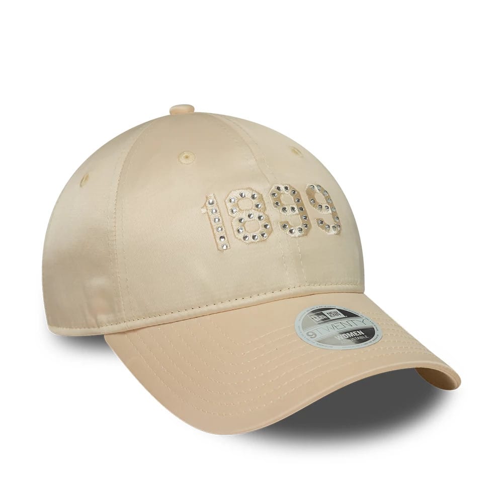 FC Barcelona Womens Rhinestone Light Beige New Era 9TWENTY Adjustable Cap, front view showing rhinestone-embellished 1899 on the crown, with a curved visor and 9TWENTY size sticker.