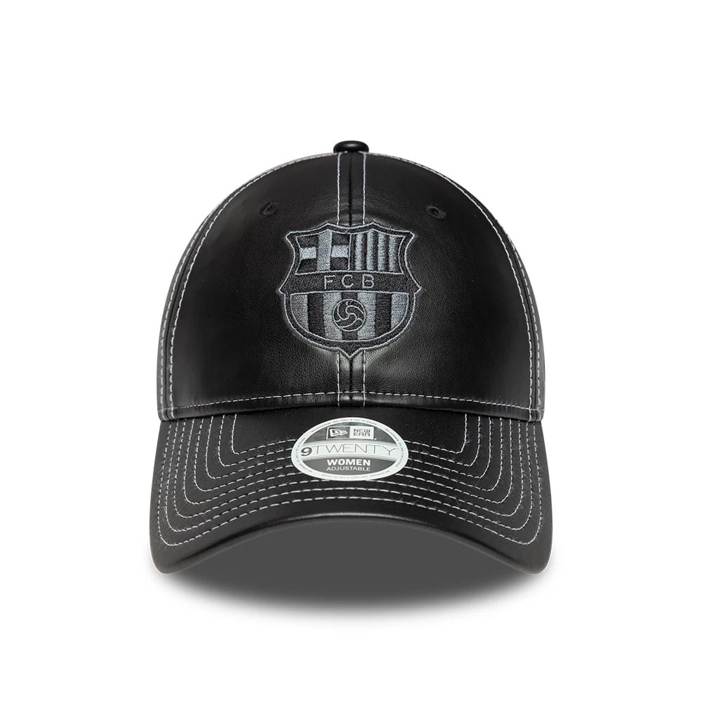 FC Barcelona Womens PU Black New Era 9TWENTY Adjustable Cap, front view showing the grey embroidered FCB logo centred on the black crown, with contrasting white stitching and a 9TWENTY size sticker on the curved visor.