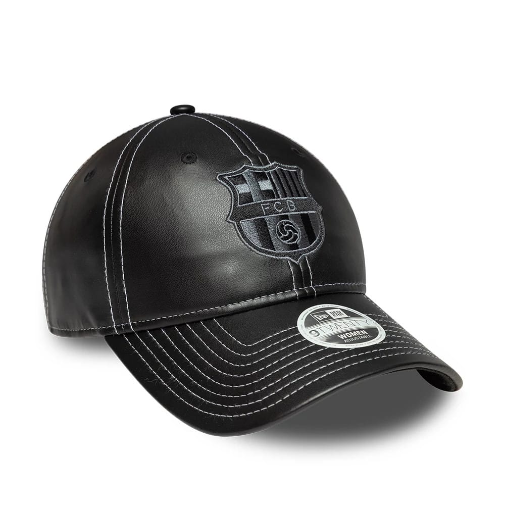 FC Barcelona Womens PU Black New Era 9TWENTY Adjustable Cap, three-quarter view showing the black embroidered FCB crest on the front panel, with a curved black visor featuring contrasting white stitching and a 9TWENTY size sticker.