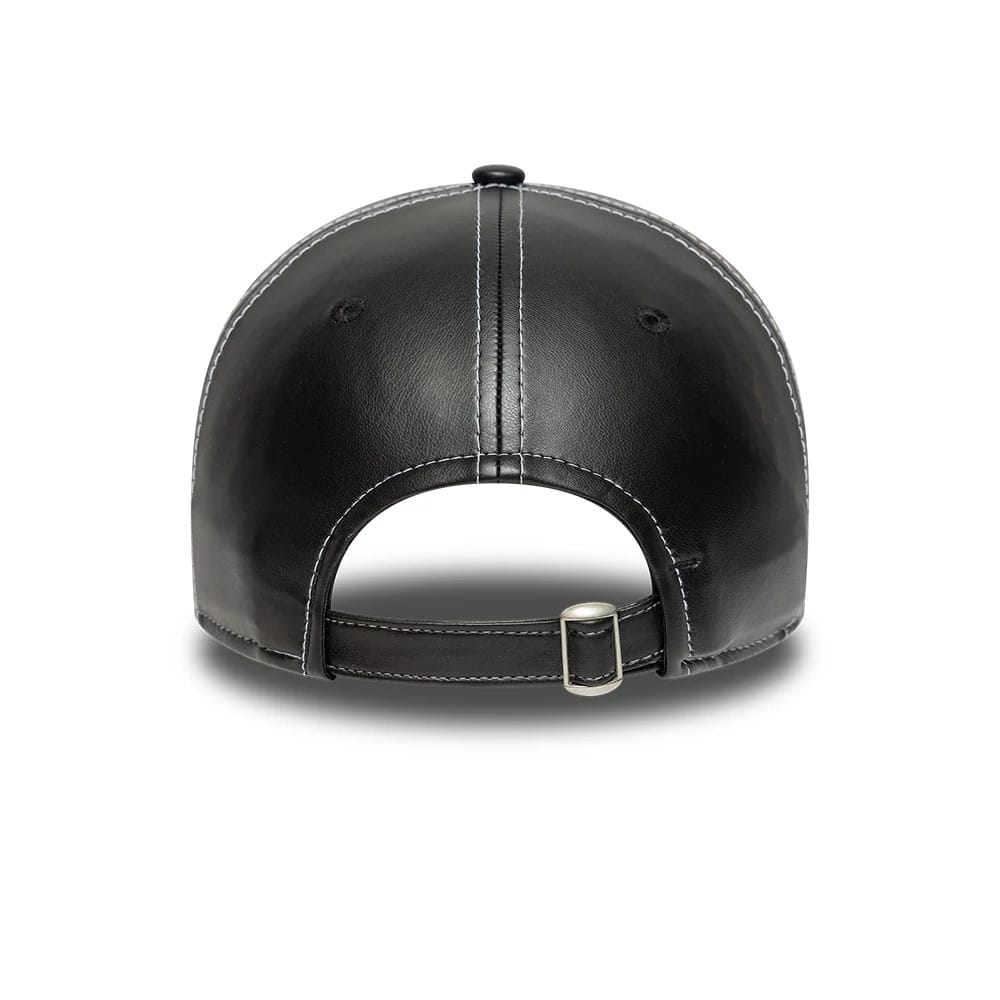 FC Barcelona Womens PU Black New Era 9TWENTY Adjustable Cap, rear view showing the clean black PU finish with white stitching on the structured crown and an adjustable strap with a silver buckle for a customised fit.