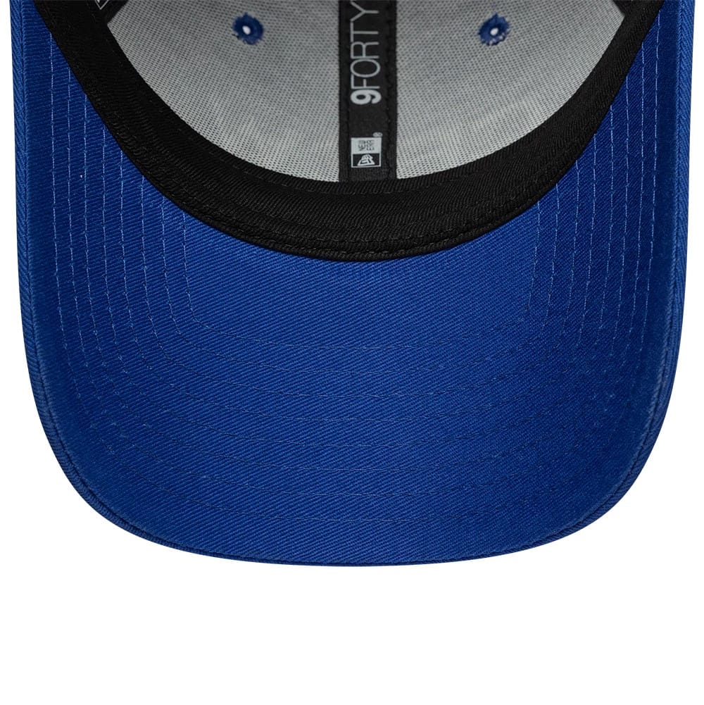 Chelsea FC Womens Core Blue New Era 9FORTY Cap, inside view showing the grey internal sweatband with black 9FORTY taping, complemented by contrast blue eyelets and the black undervisor enhancing the structured blue visor.