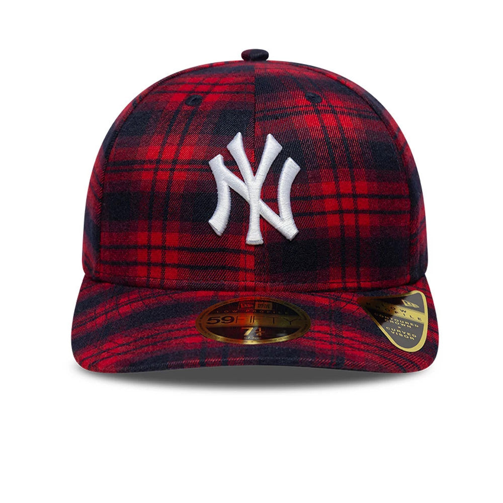 New York Yankees MLB Check Red Low Profile New Era 59FIFTY Fitted Cap, front view showing the white raised embroidered Yankees logo on the red and black check-patterned crown, with a gold 59FIFTY size sticker on the flat visor.